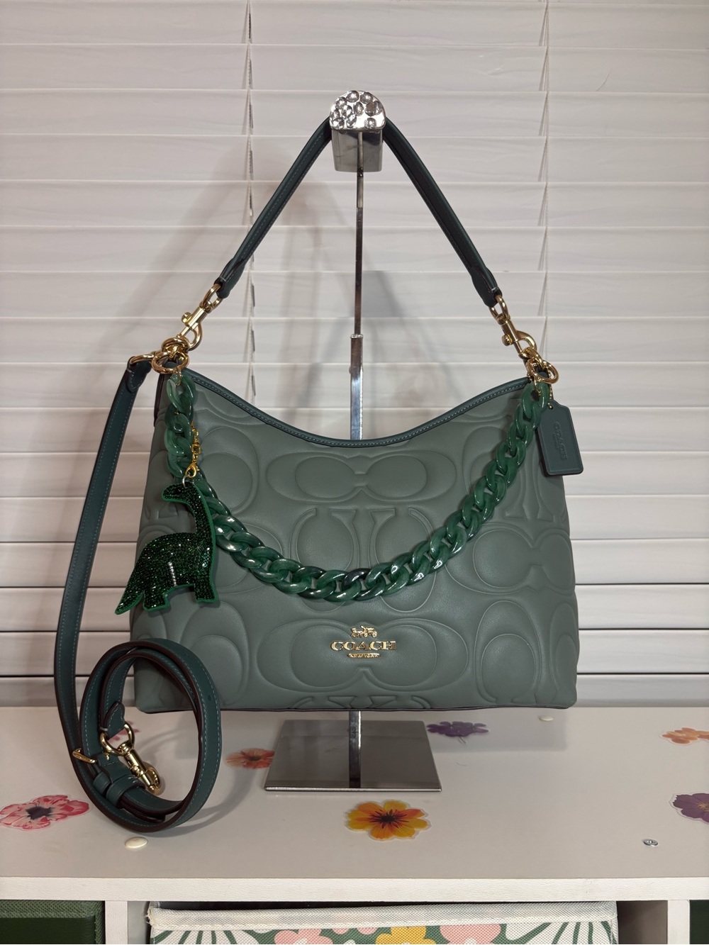 Coach Medium Laurel Shoulder Bag in Sage Green Signature Embossed Leather